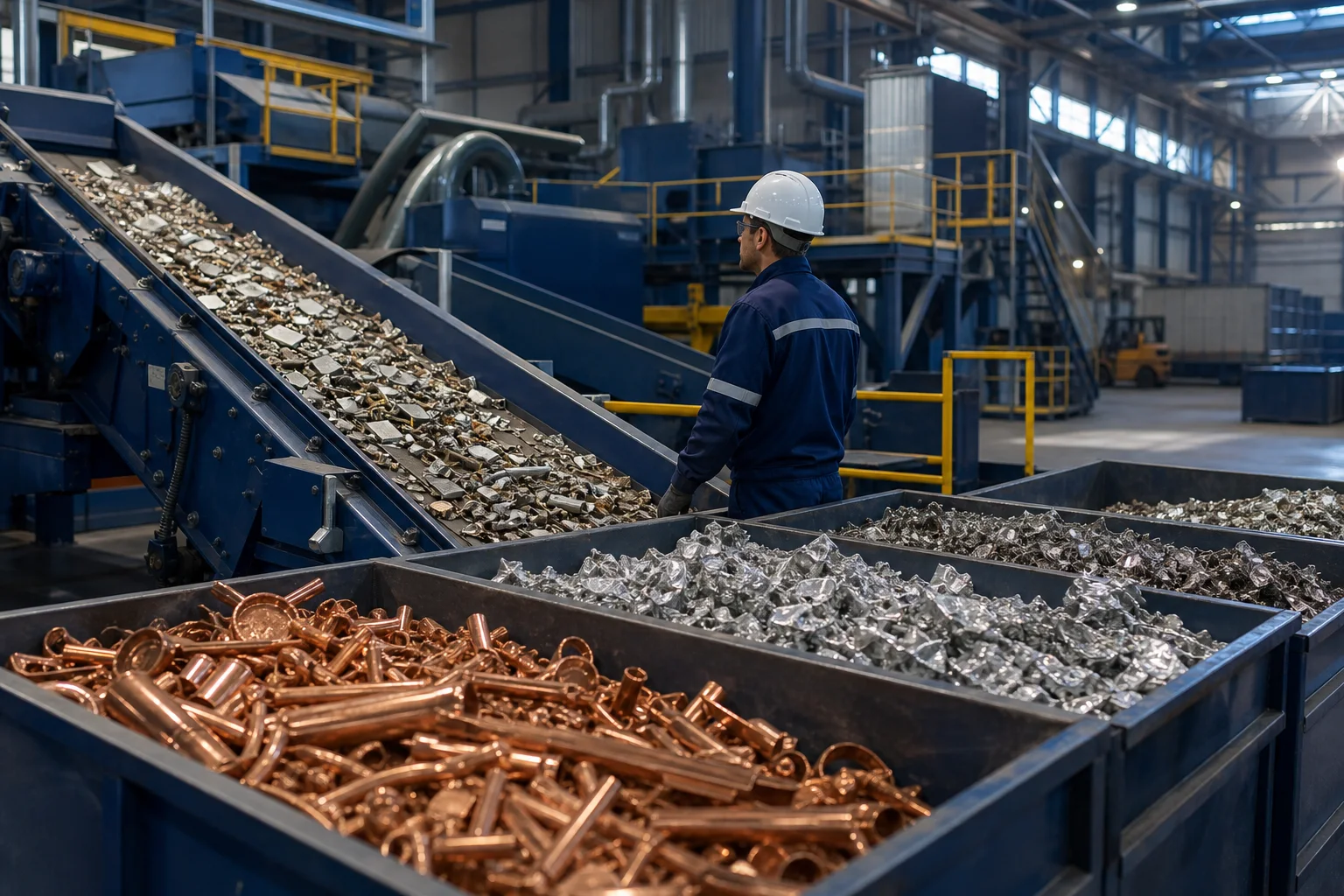 Oddzielone frakcje miedzi i aluminium przy taśmie sortowniczej w nowoczesnym zakładzie odzysku