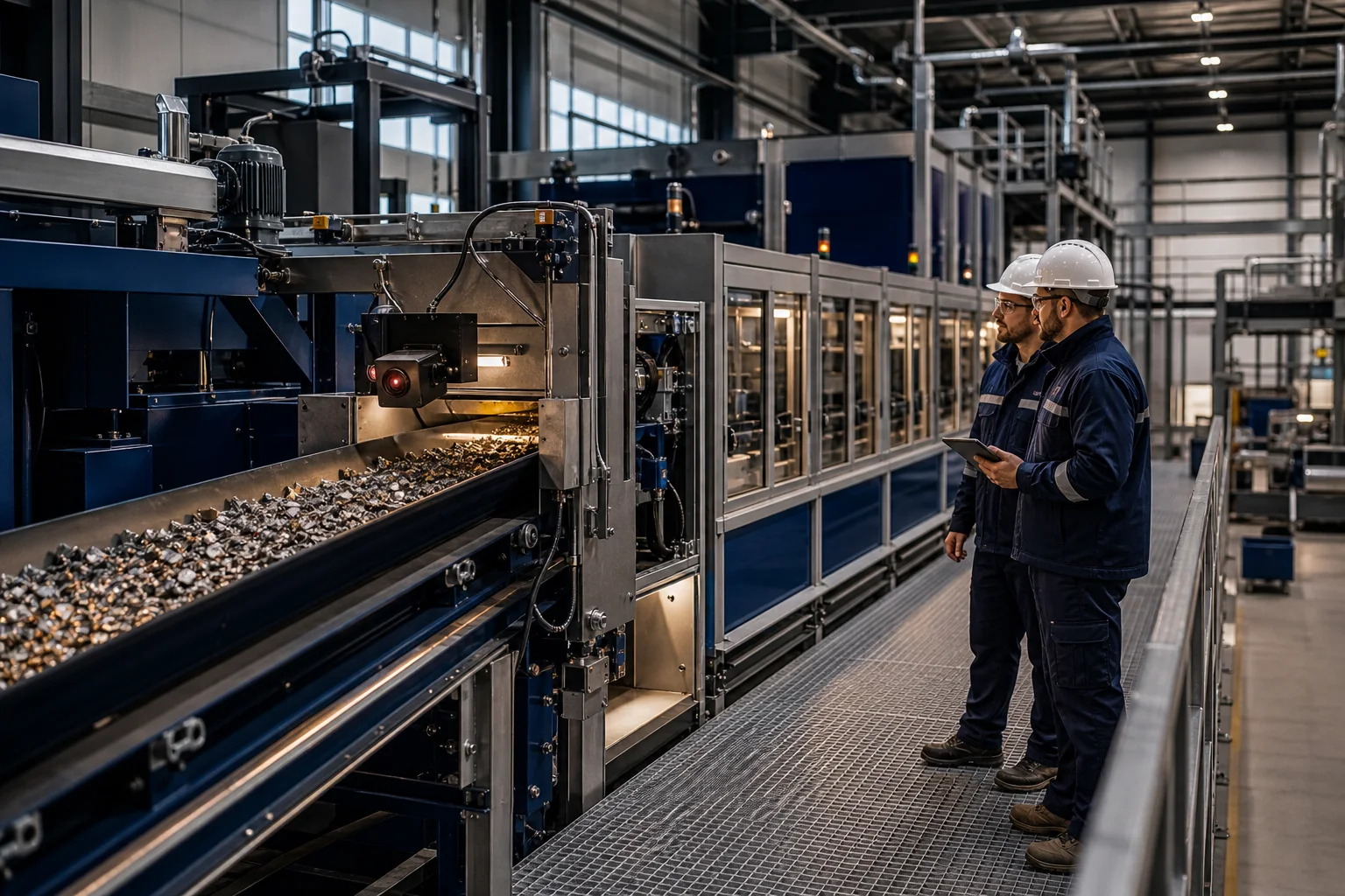 Technicy sprawdzający czujniki i przenośniki modułowej linii odzysku metali